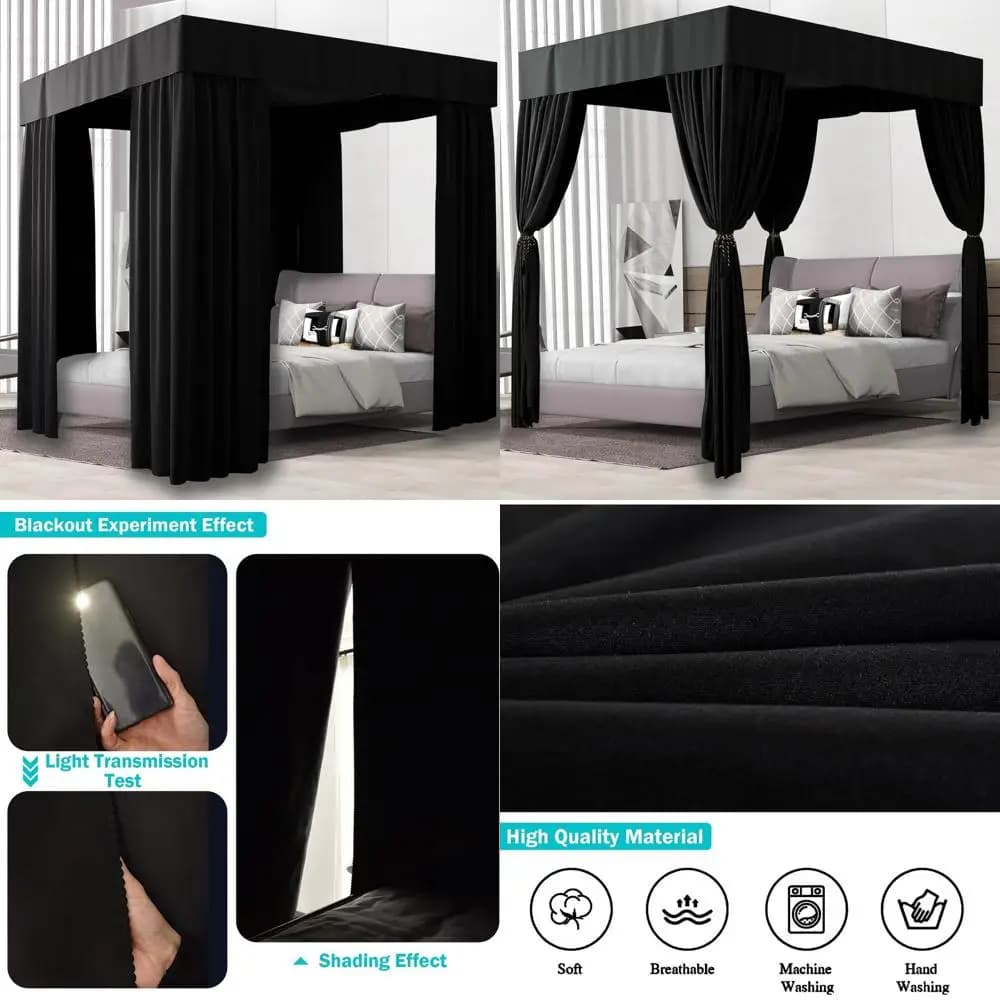 Black king size canopy bed curtains with total obscure for adults and girl rooms
