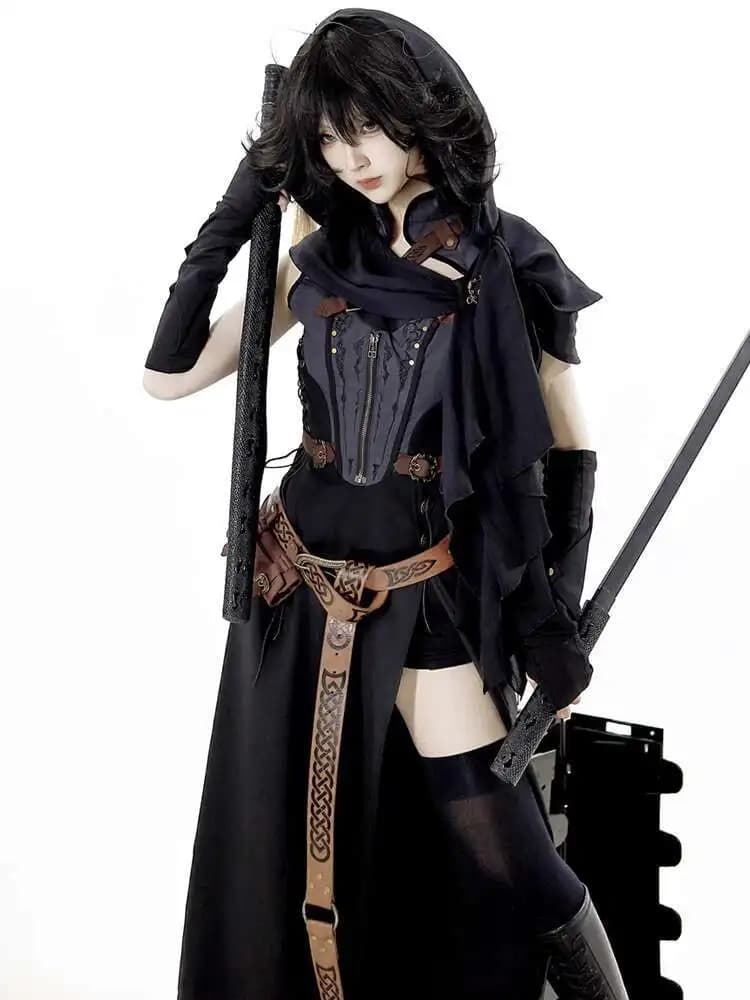 Lolita Dress Goth Goth Waste Soil Wind Bel vestito Carnevale Halloween Cos Cosplay Pantaloncini Scialle Polsino Borsa con cintura