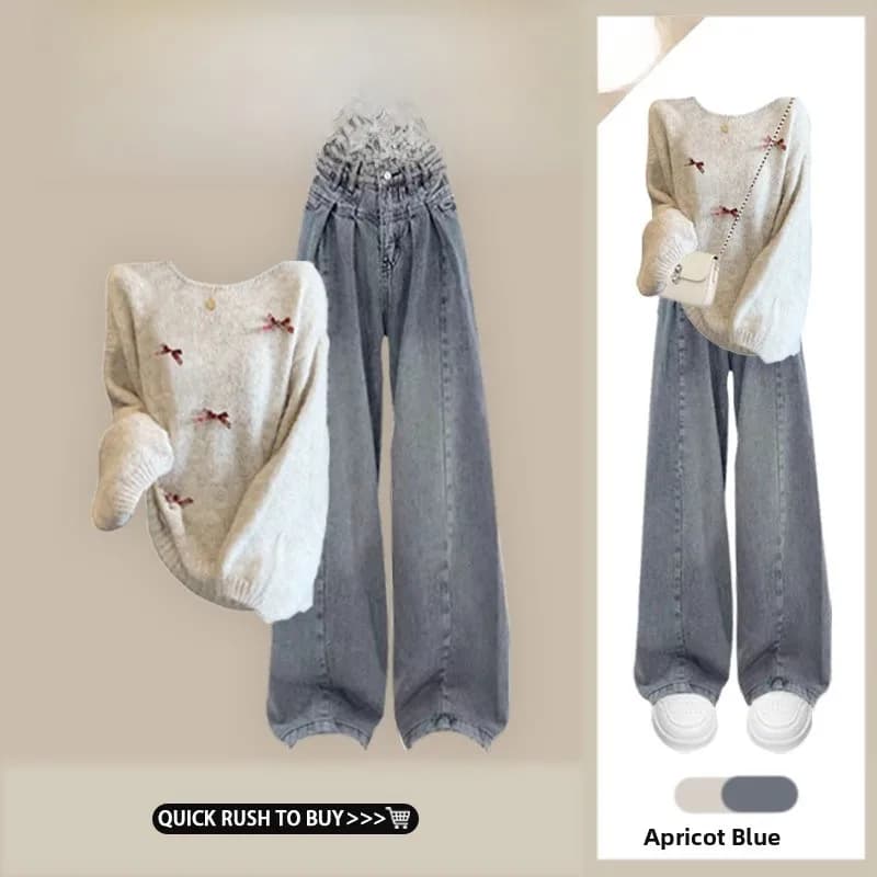 Korean Women's Winter Set: 3D Knit sweater with Nodo and Jeans in Gamba Larga, Comfortable and Casual in Two Pieces