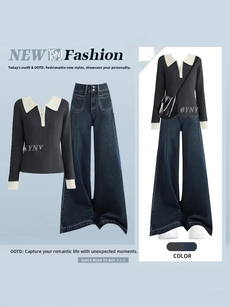 Set Due Pezzi Invernale da Donna: Maglione Lavorato a Maglia con Collo Alto e Jeans a Vita Alta e Gamba Larga, Elegante e Versatile per il Lavoro