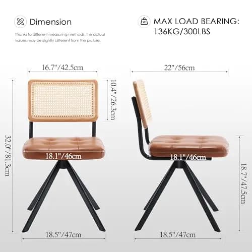 Sedia da ufficio marrone in stile Mid-Century con schienale in canna, seduta in similpelle e gambe in metallo, girevole, per studio o casa