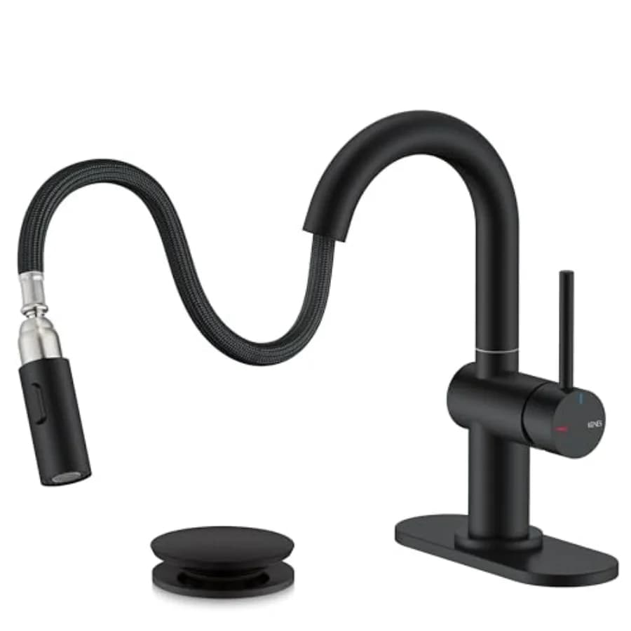 Rubinetto da Bagno Estraibile con Doccetta Nero Opaco Monocomando per Lavabo, Include Valvola di Scarico a Scomparsa e Piastra di Fissaggio KE