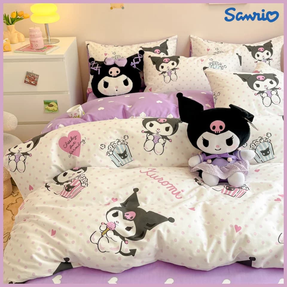 Sanrio Cartoon Bed Set of four Cinnamoroll Cotton Kawaii Kuromi Home Set of four pieces Cute Cotton High-end Bed Sheet
