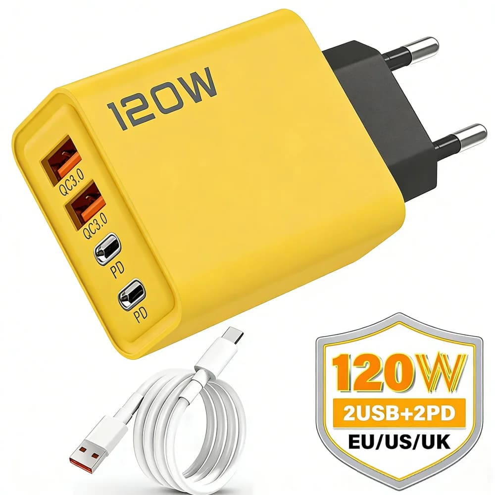 Caricabatterie Rapido 120W PD con 4 Porte USB C, Cavo Tipo C, Adattatore di Ricarica Veloce per Samsung iPhone Huawei Xiaomi