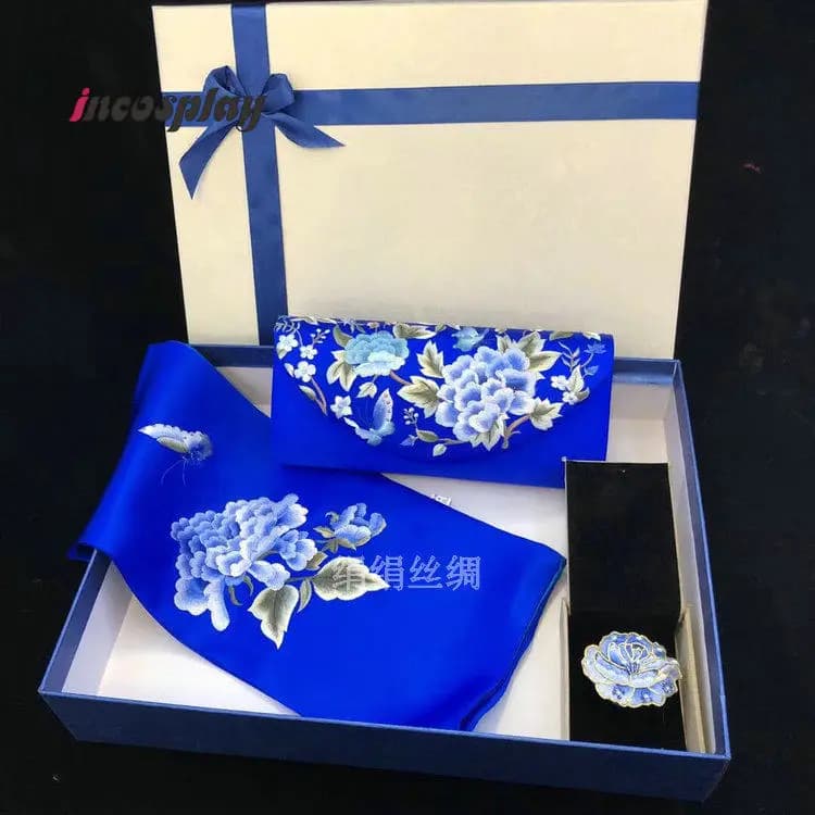 Chinese Embroidery Silk Scarf, Scarf Buckle & Evening Clutch 3Pcs Gift Box Set, Exquisite Luxury Present