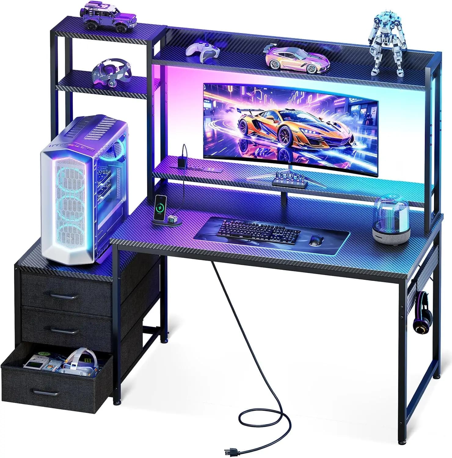 Scrivania da Gaming 48 Pollici con Mobiletto e 3 Cassetti, USB e LED, Tavolo PC Reversibile con Supporto Monitor, Nero