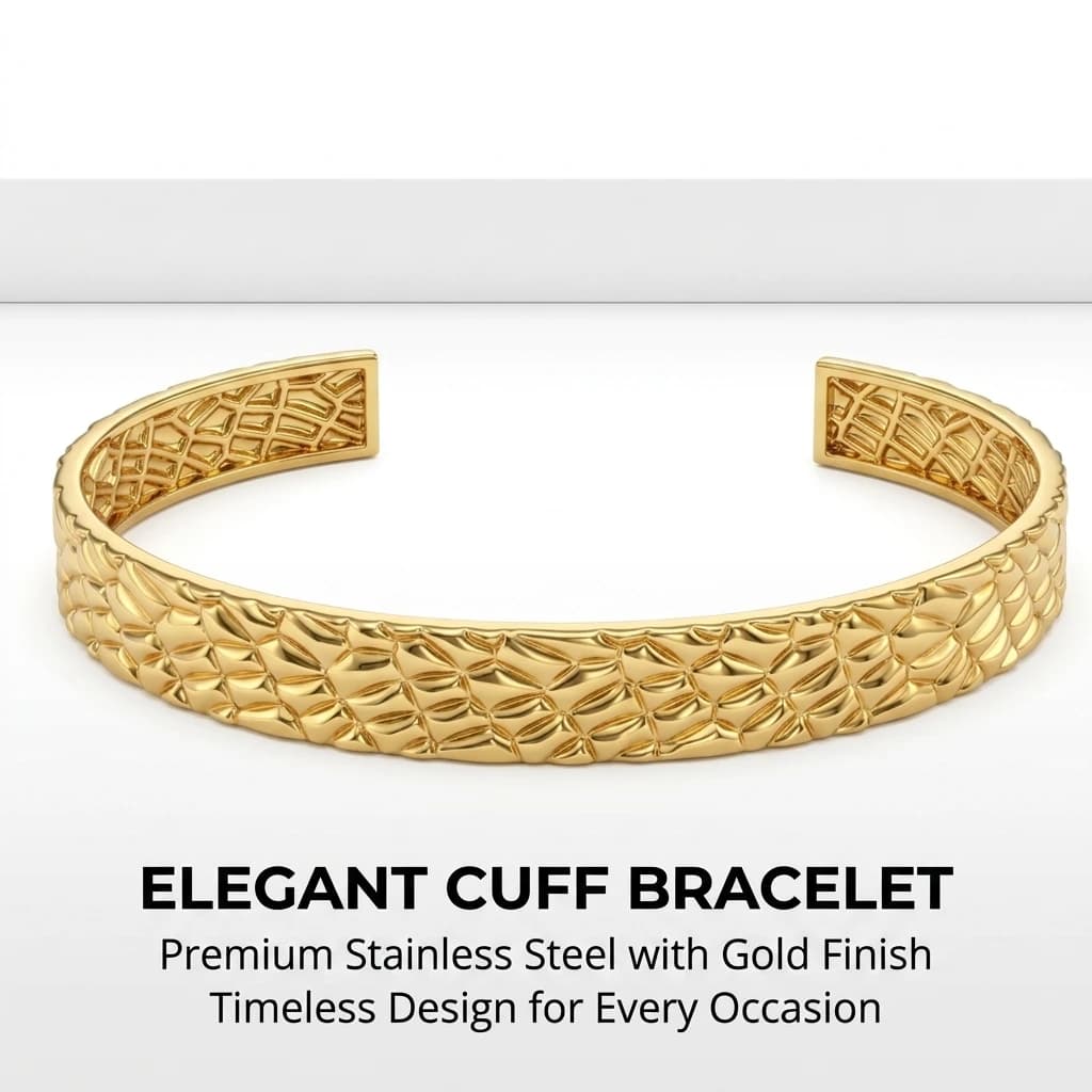Women's bracelet with diamond texture, gold plated, stainless steel, adjustable, open, for everyday use.