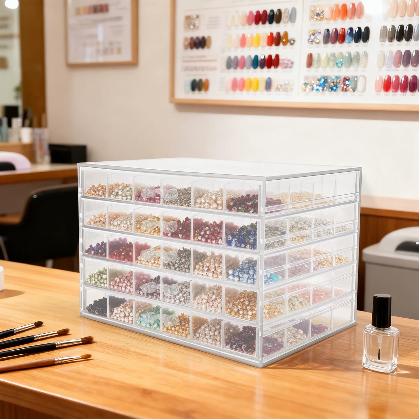 5 Level Organizer with 120 Nail Art Parts, Transparent Acrylic Box for Accessories, Jewelry and Nail Tools