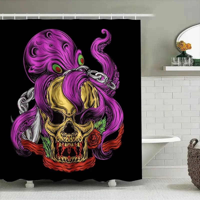 Tuniu Teschio Rosa Strega Arte horror Decorazioni per il bagno Spaventoso Regalo di Halloween Tenda da doccia unica per arte da parete