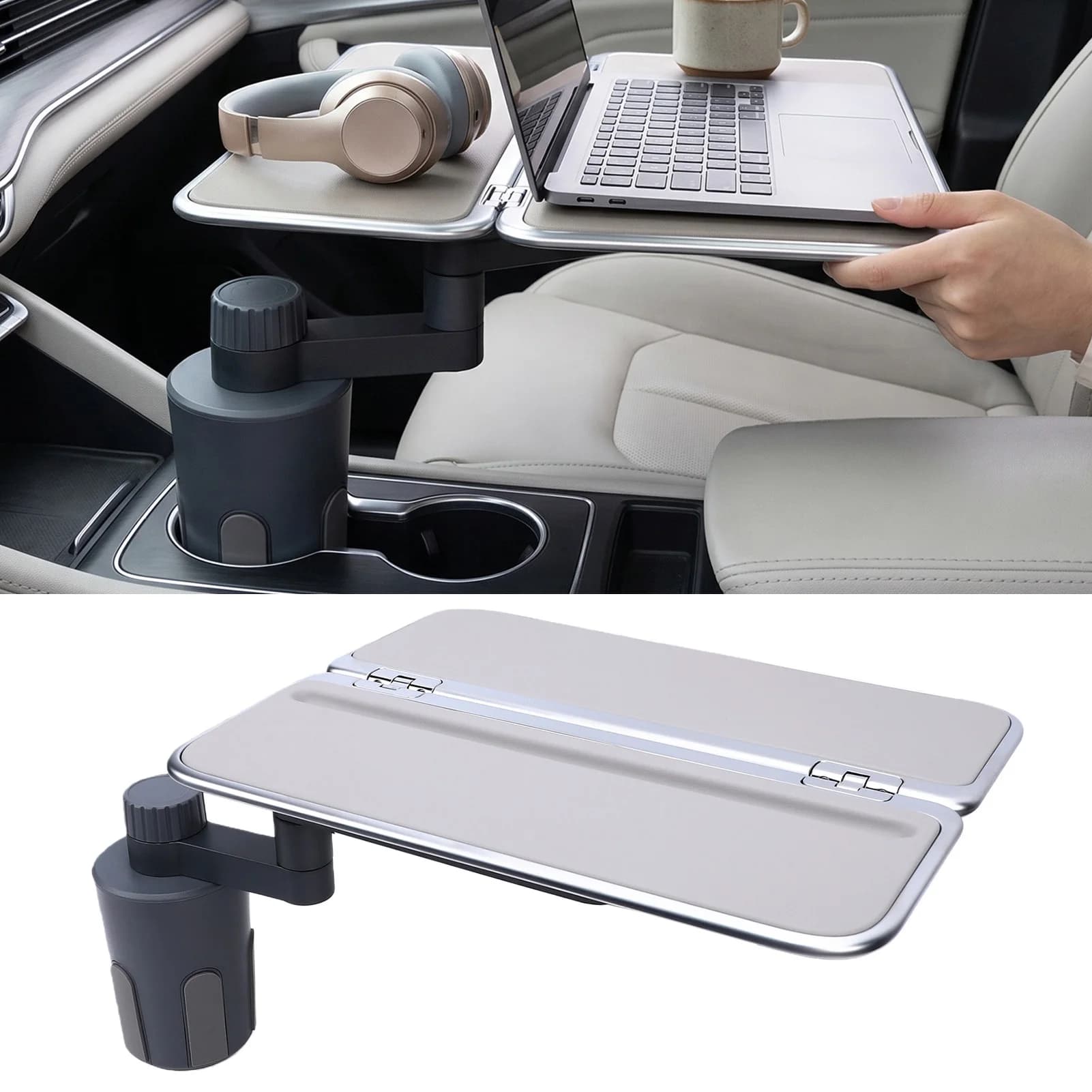 Car Tray Car Desk for Laptop Car Food Tray Foldable Aluminum Alloy Cup Holder 360° Rotating Car Food Tray with Phone Stand
