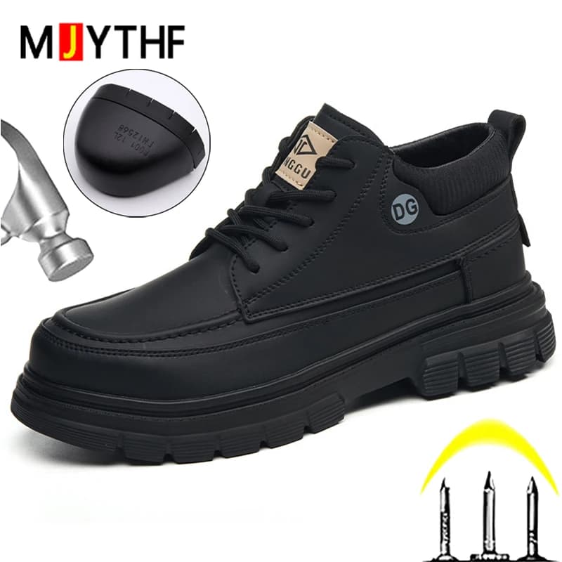 stivali in pelle nera Scarpe da uomo Stivali da lavoro Scarpe con punta in acciaio Stivali di sicurezza Anti-smash Anti puntura Scarpe indistruttibili Sicurezza