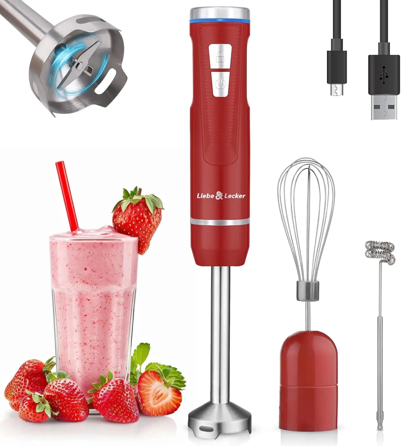 Wireless immersion mixer, portable blender 3 in 1 with 8 speeds, whip and whipped for smoothies, soups