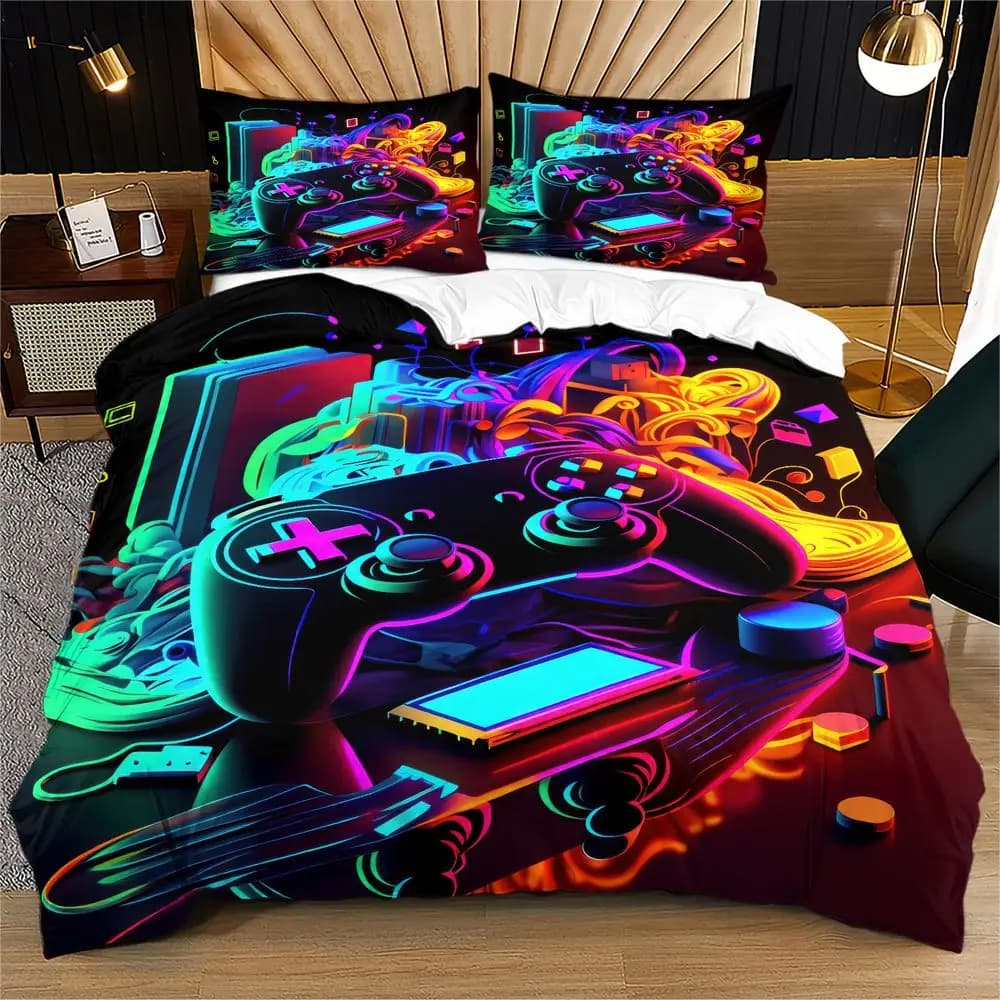 Neon Gaming Duvet Cover Set Digital Print Bedding Set Video Game Controller Design Microfiber Comforter Cover Home Decor
