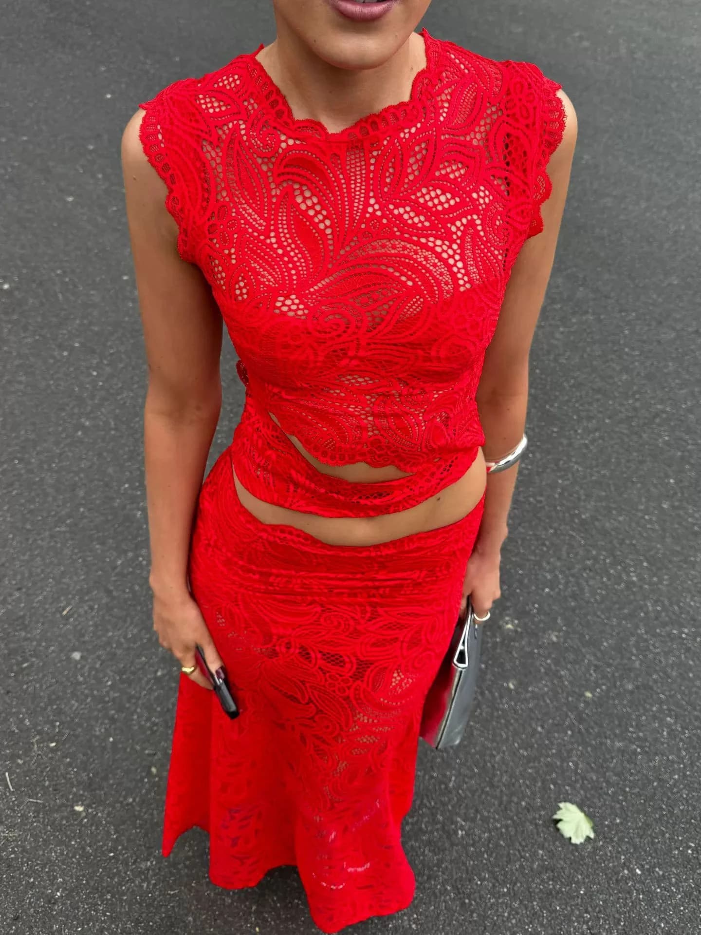 2026 New Red Sexy Sleeveless Irregular Lace Top with Fishtail Midi Skirt Set Women's 2-Piece Party Going Out Outfit