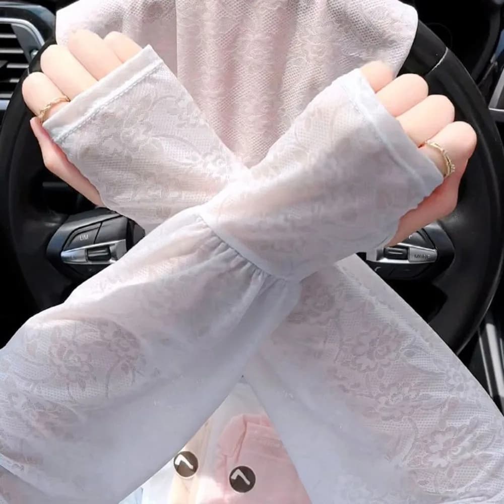 Maniche Traspiranti in Seta Ghiaccio Sottile con Pizzo, Anti-UV, Protezione Solare Floreale, Guanti da Ciclismo a Maniche Lunghe da Donna
