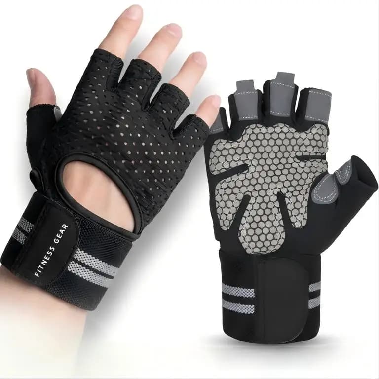 Professional Weightlifting Gym Gloves for Men Women Anti-Slip Half Finger Fitness Workout Gloves with Padded Wrist Wrap Support Breathable Hand Protector for Bodybuilding Exercise Powerlifting Training