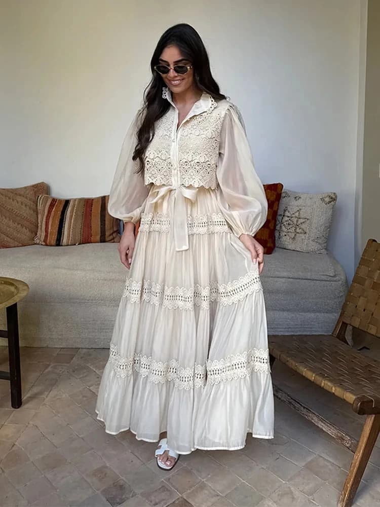 Women's Long Dresses Stylish Excavated Lantern Sleeves Single-breasted Dress with Laces 2025 Women's Solid Dress Spring Summer