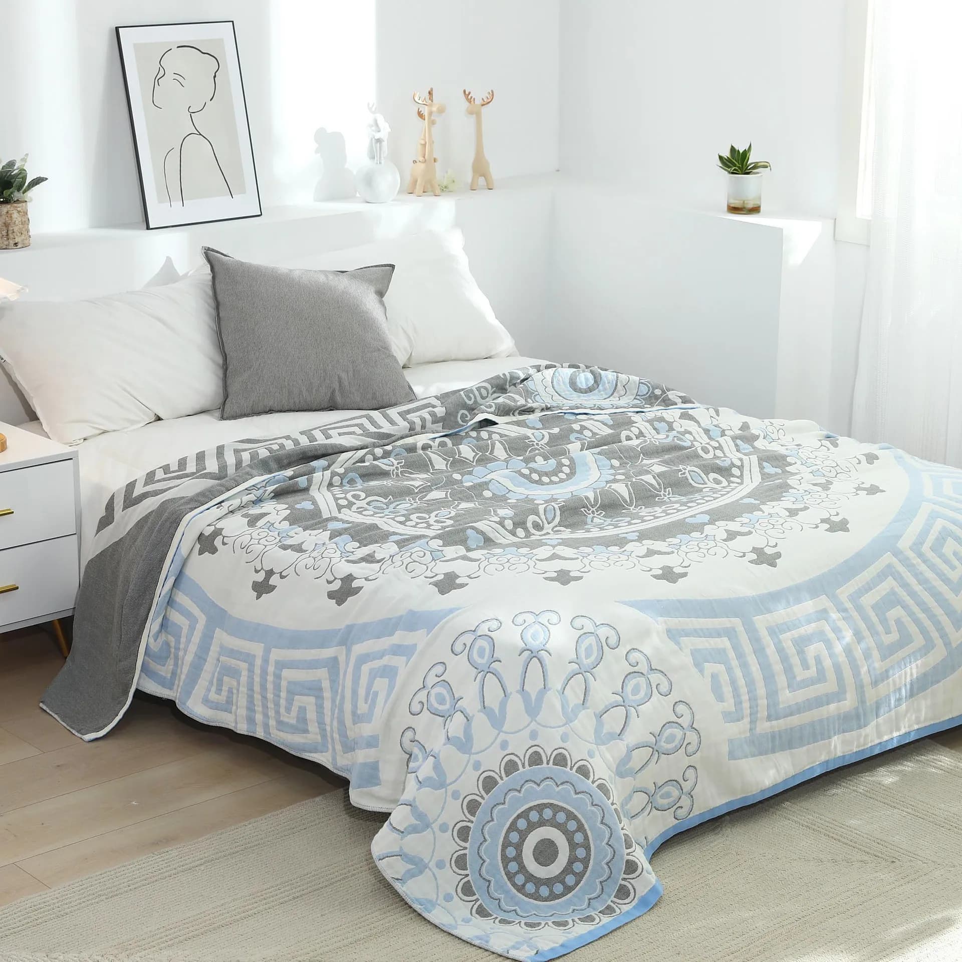 Coperta in Cotone Lavorato a Maglia con Motivo Azteco, Copriletto