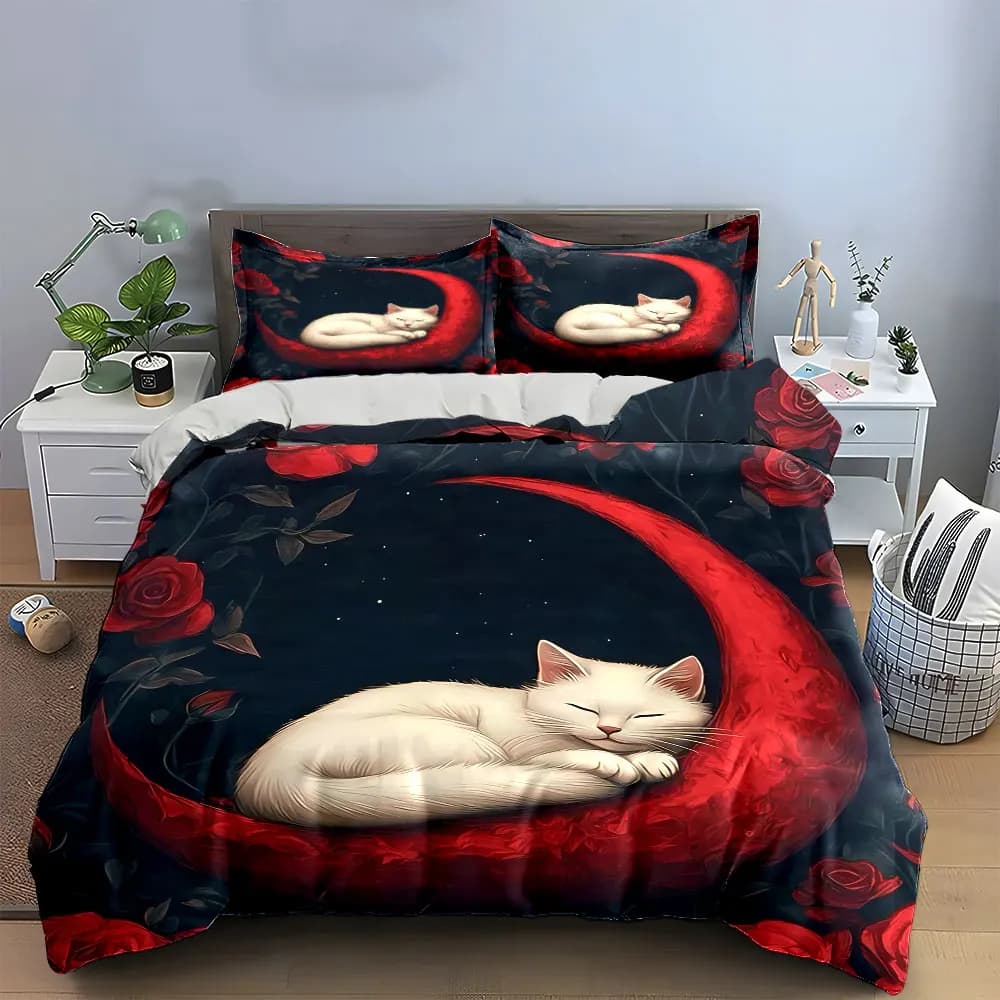 Set di biancheria da letto White Cat Rose Moon Decor con 1 copripiumino e 2 federe, singolo, matrimoniale, king, queen, regalo