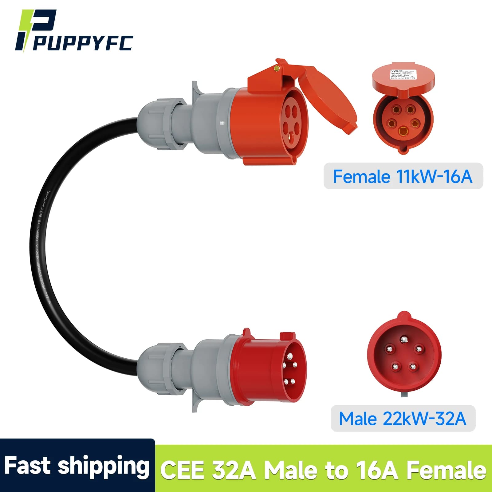 Adattatore Caricabatterie EV Puppyfc da 22kW a 11kW, da 32A a 16A, Cavo di Prolunga Presa CEE 5 Pin Maschio-Femmina per Veicoli Elettrici