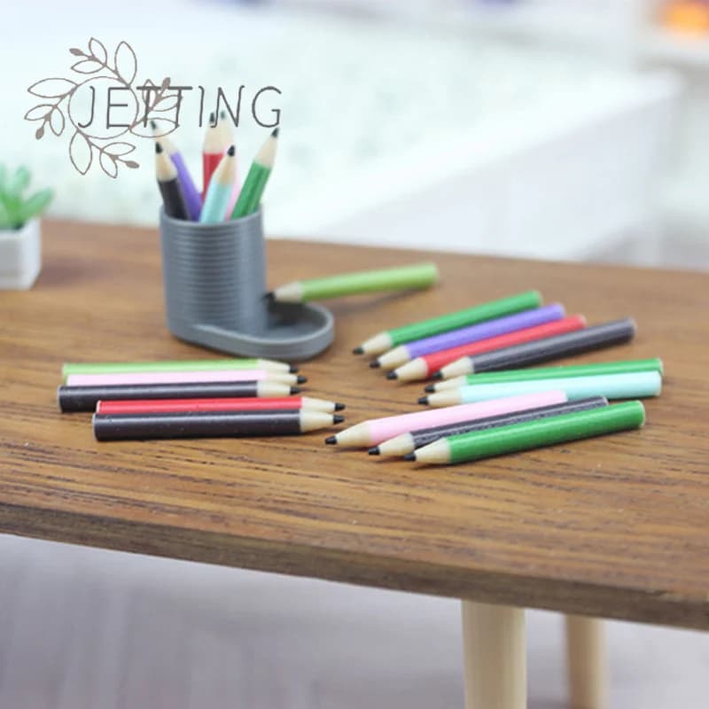 Hot 1Set 1:12 Dollhouse Miniature Pen Holder+6 Colored Pencils Set Doll Home Decor Pretend Play Dollhouse Stationery Toy