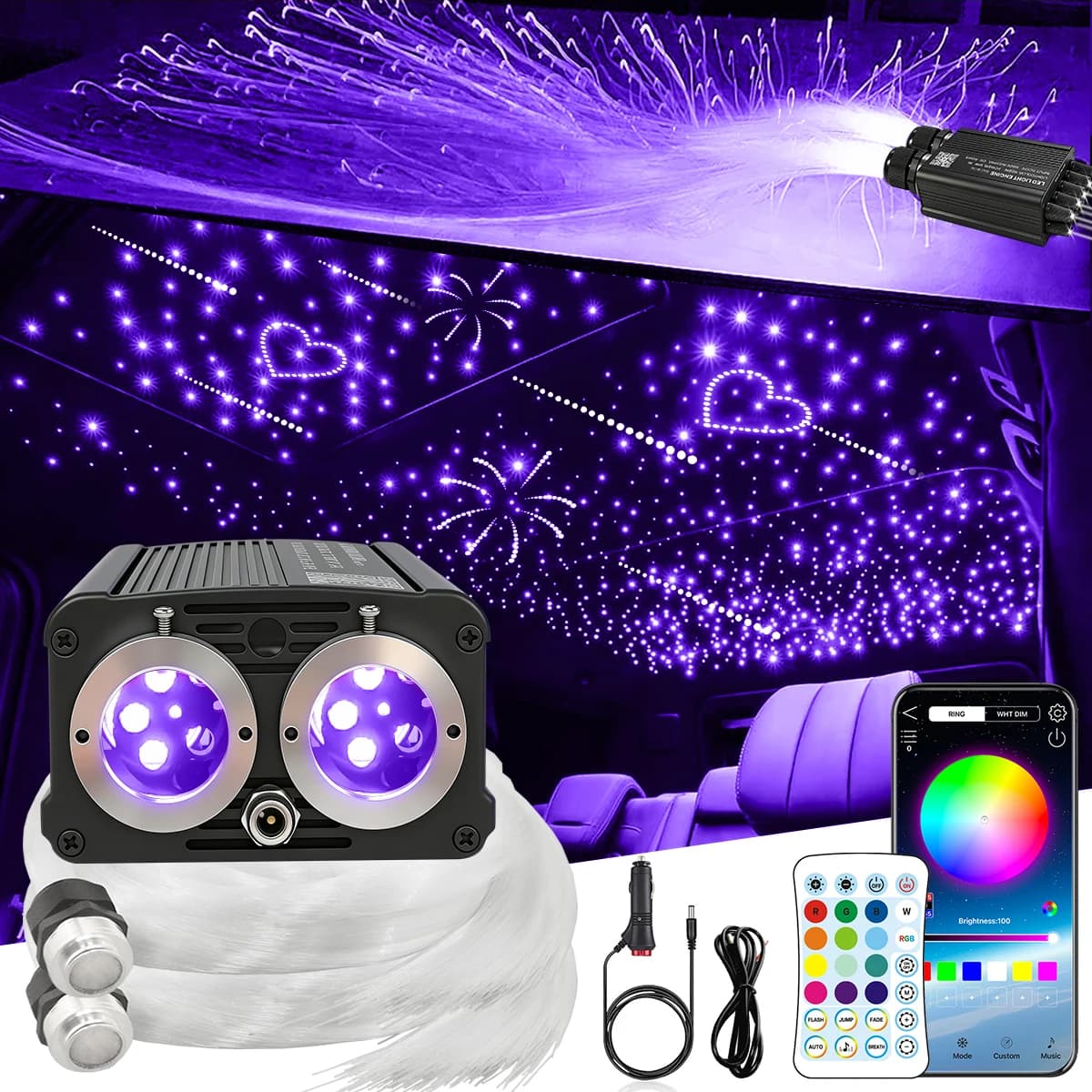 1000 Pezzi di Fibre Ottiche Scintillanti per Cielo Stellato + 200 Pezzi di Meteore Bianchi, Modalità Sonora con Controllo APP e Telecomando per Auto e Soffitti Domestici