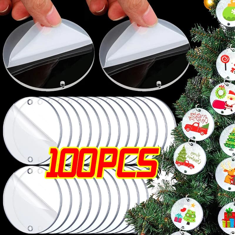 5/100x Blank Christmas Clear Round Acrylic Balls Christmas Tree Bauble Stocking Name Tag DIY Key Chain Transparent Round Disc