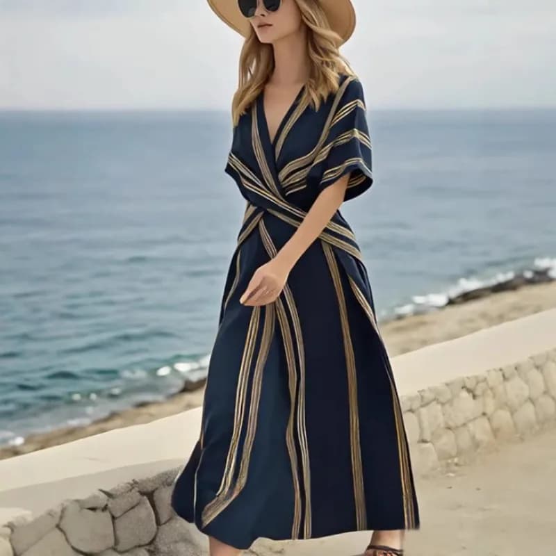 Nuovo Abito Estivo da Donna con Scollo a V, Maniche Corte e Gonna a Pieghe, Stile Europeo e Americano, Collezione 2026, Elegante per il Lavoro
