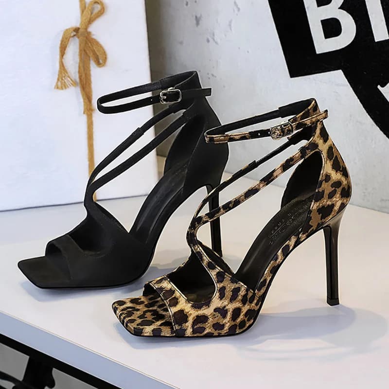 Women's Modern Sandals with High Heel 10,5 cm, Leopardy Style, Sexy with Straps, Elegant Ceremony Shoes with Square Toe