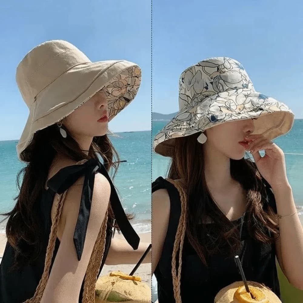 Double-Sided Women Fisherman Hat Flower Print Wide Brim Summer Sun Hat Sun Protection Solid Color Sunscreen Visor Cap Beach