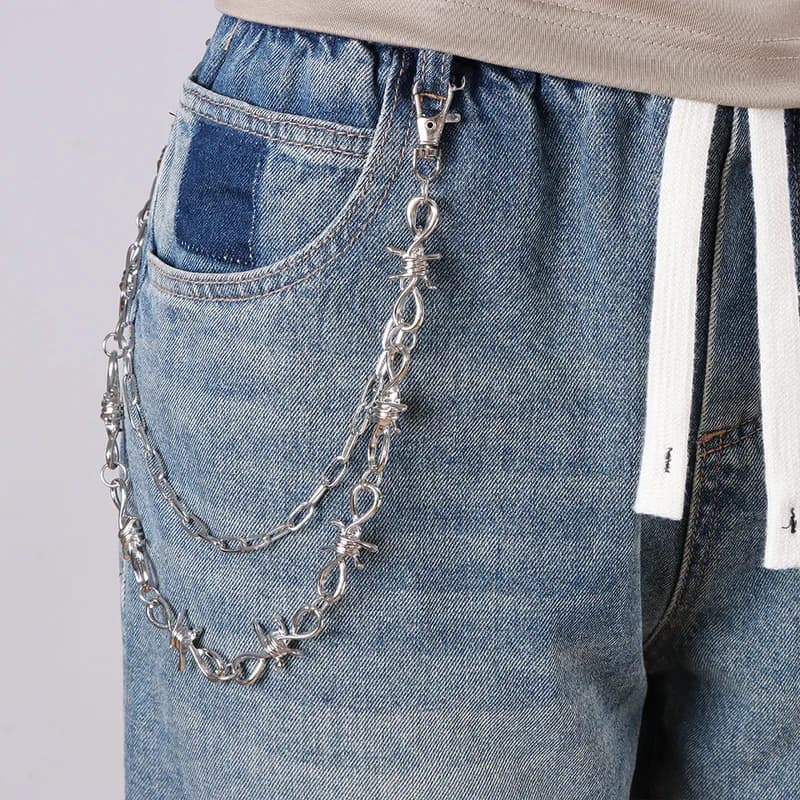 Barbed Wire Multi‑Layer Pants Chain Silver Metal Waist Chain Punk Gothic Jeans Keychain Hip‑Hop Street Fashion Ornament