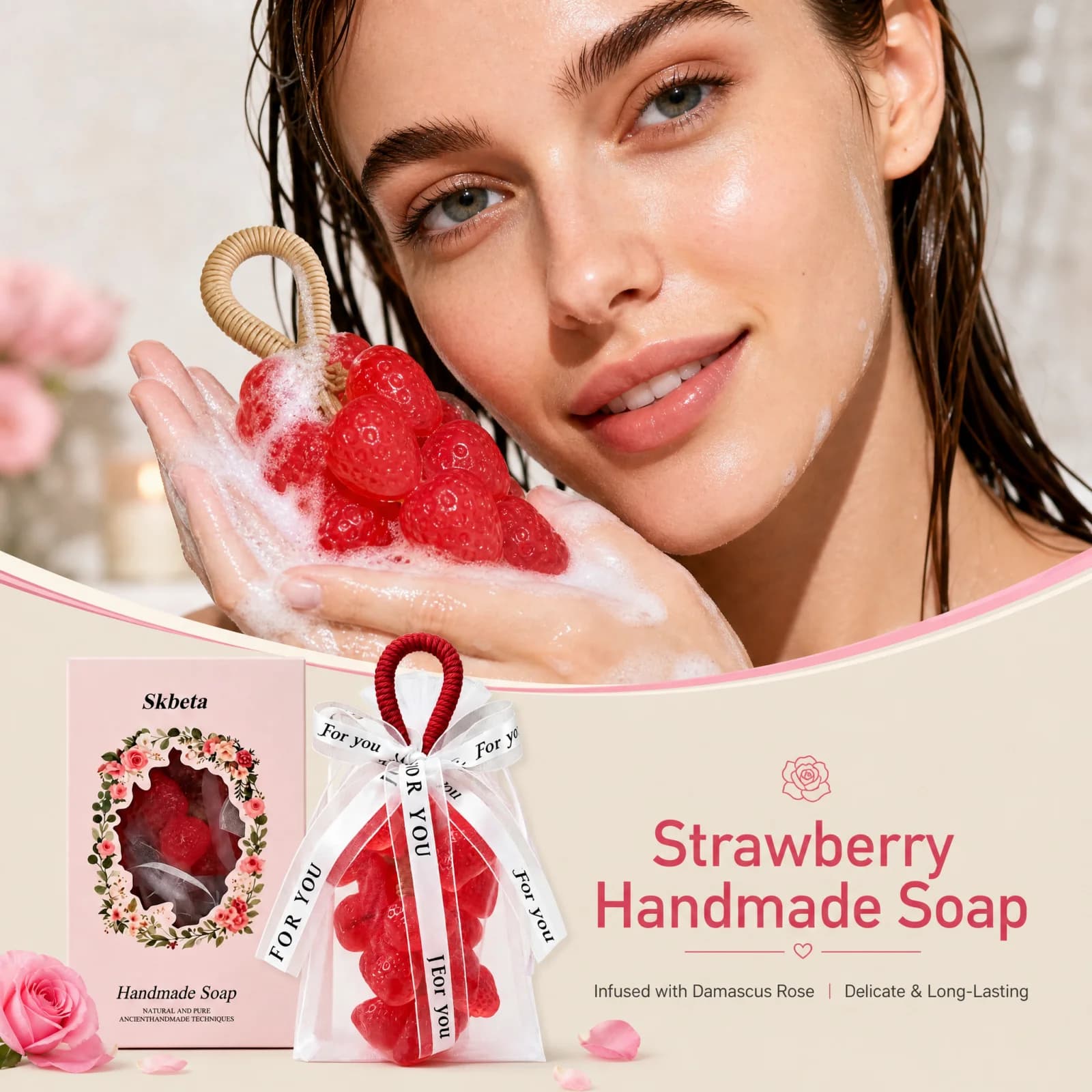 Strawberry Shaped Crystal Handmade Soap Damascus Rose Scent Gift‑Ready Pack Shower Festival Present Skin‑Nourishing Washing Bar