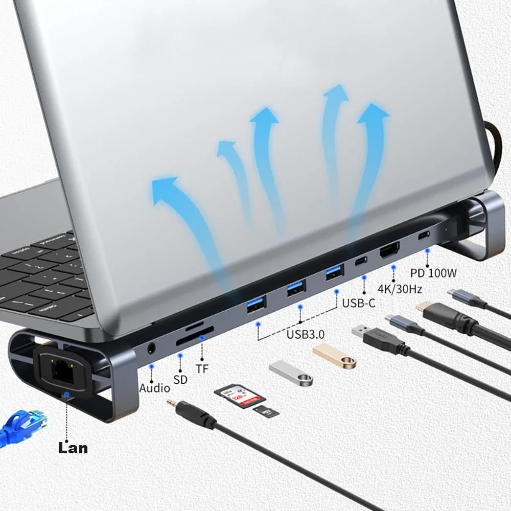 HUB 10 in 1 Hub espandibile 3.0 Docking station per laptop Supporto da tavolo con tipo C e Thunderbolt 4 per porte USB ed Ethernet