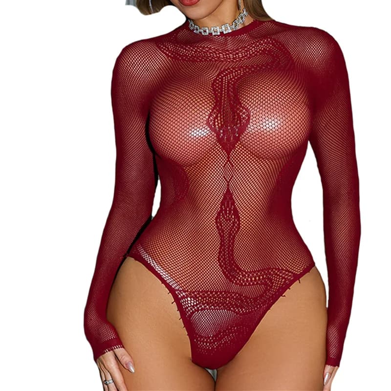 Lingerie Sexy da Donna, Babydoll con Motivo a Serpente, Maniche Lunghe, Costume a Rete Trasparente, Tuta Intera, Body per Cosplay