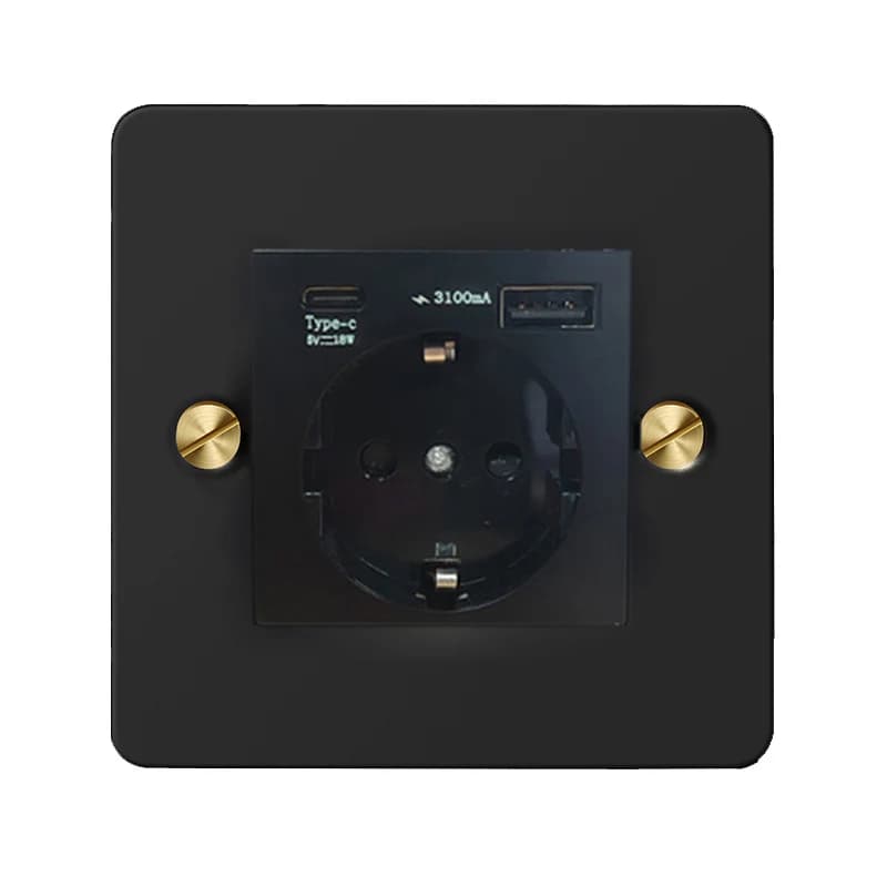 Pannello in acciaio inossidabile nero opaco Vite dorata da parete Presa EU FR Interruttore a levetta con spina USB tipo C elettrica