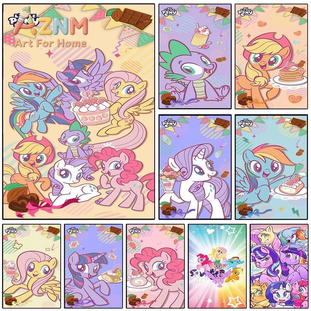 My Little Pony All Characters Sweet Dessert Party Canvas Painting Unframed Cute Cartoon Pony Wall Art Poster for Girls Bedroom