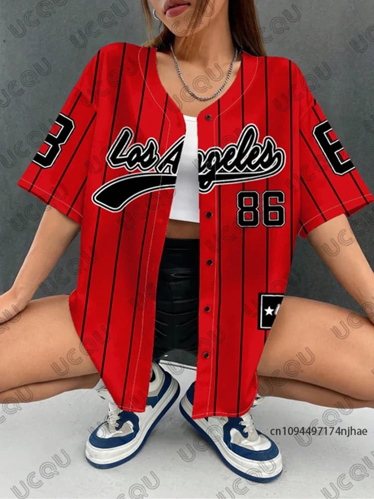 Nuova Camicia Estiva Rossa Los Angeles 86 con Stampa a Righe, Stile Streetwear, per Uomo e Donna, Blusa Hip Hop a Maniche Corte con Bottoni