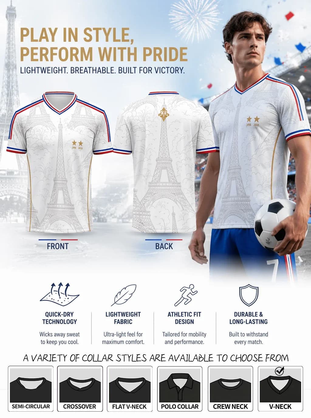 Light‑Weight Breathable France Football Jersey, Comfort‑Fit Short Sleeve For Daily Training