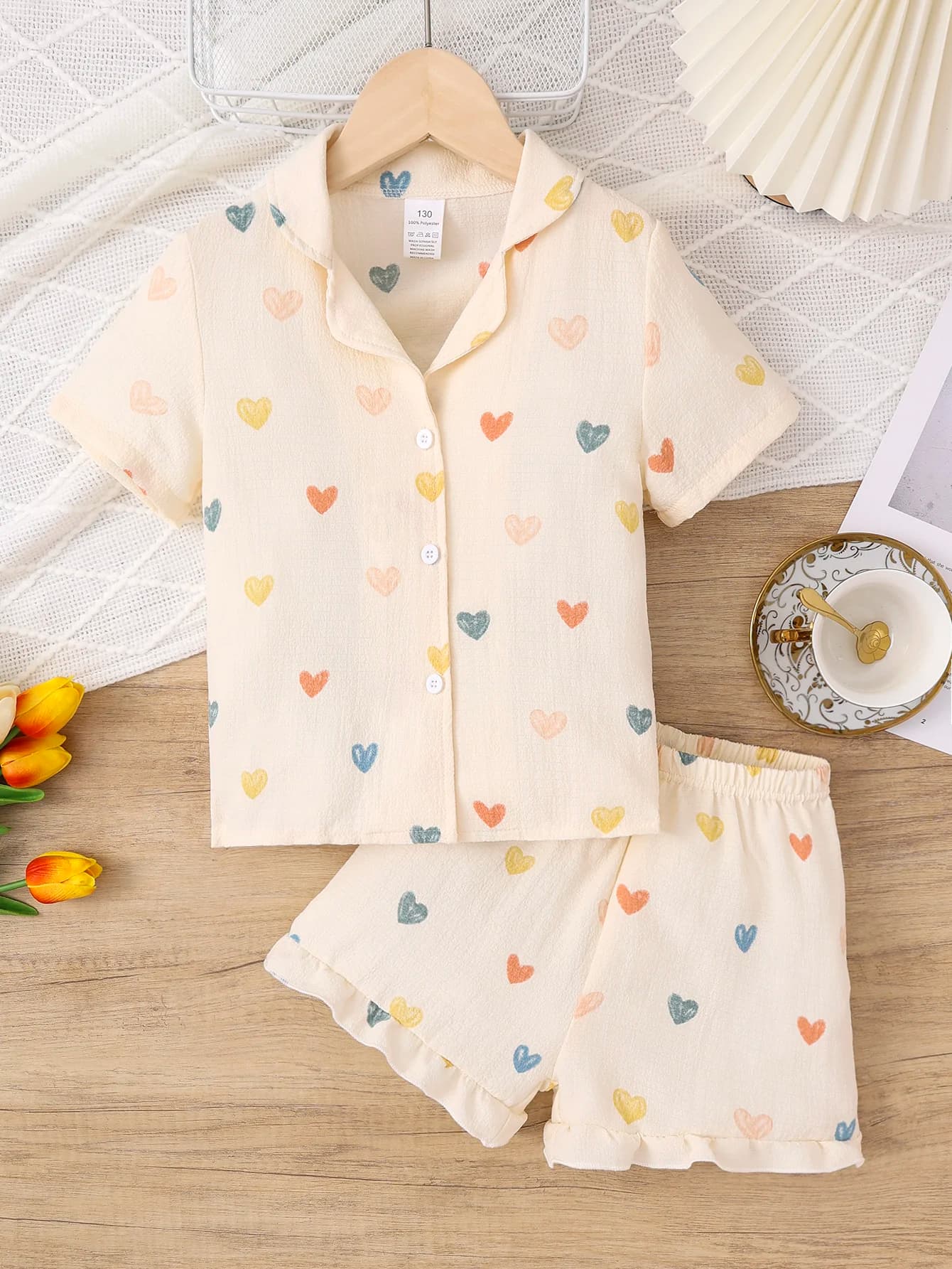 Set da 2 pezzi per ragazze, tessuto strutturato estivo con colletto cubano con stampa a cuore, set pigiama pigiama a maniche corte stile carino