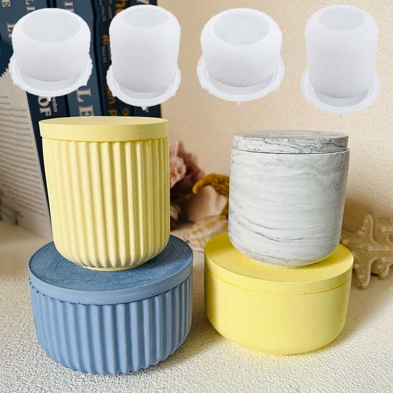 Stampo in Silicone per barattolo di candela in cemento con coperchio stampo per barattolo di cemento a righe rotonde semplici stampo per vaso di fiori in resina epossidica