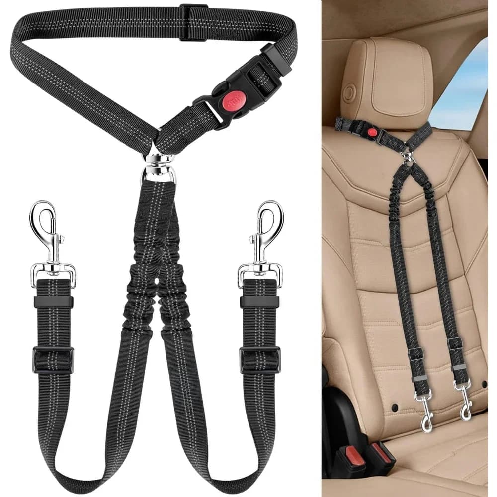 Cintura di Sicurezza per Cani da Auto, Regolabile ed Elastica, per Due Cani o Gatti, con Corda di Sicurezza e Ammortizzatore di Trazione