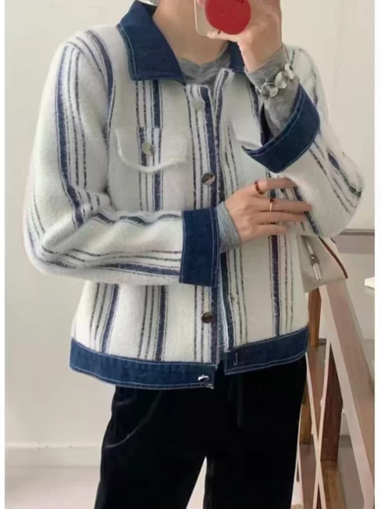 Korean Style round Neck Striped Denim Patchwork Women's Jacket Autumn Winter New Fashion Color Block Top Commute Style Long S...