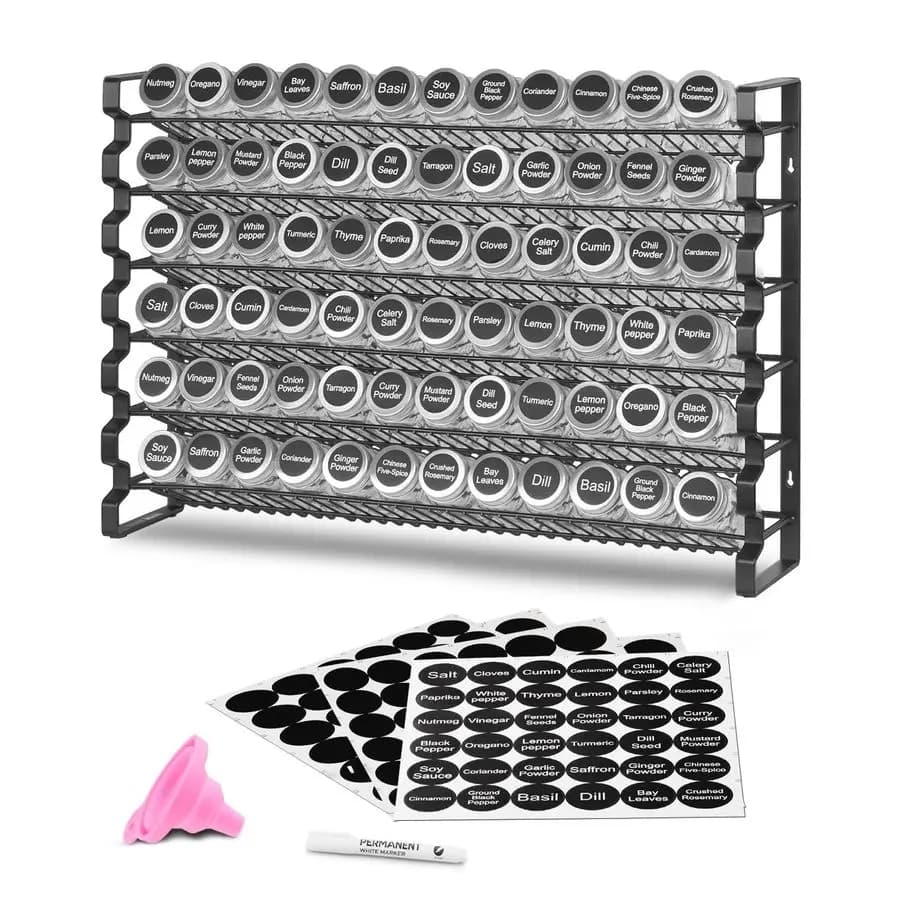 Organizzatore per spezie da armadio, set completo con 72 barattoli vuoti, coperchi, etichette per spezie e imbuto, Seasoni