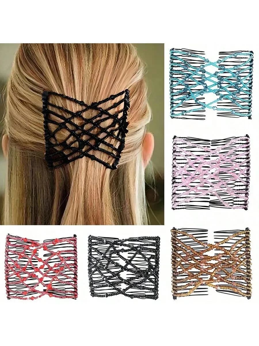 Pettine elastico per capelli con doppia clip, strumento per lo styling dei capelli, accessorio per capelli con design a rete con perline per donna