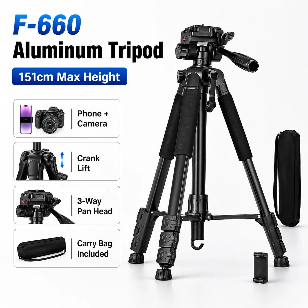 Treppiede Professionale in Alluminio per Fotocamera con Supporto per Telefono e Borsa da Trasporto, Leggero per Fotografia SLR e Registrazione Video all'Aperto