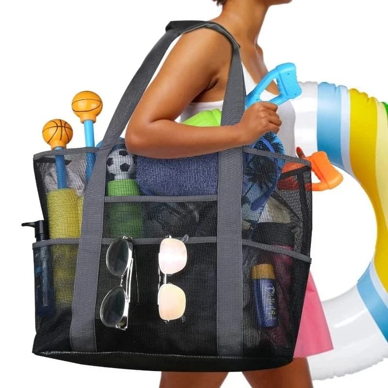2026 New Large Capacity Mesh Beach Tote Bag Multi-Pocket Swim Bag Quick Dry Sandproof Summer Travel Gym Storage Handbag
