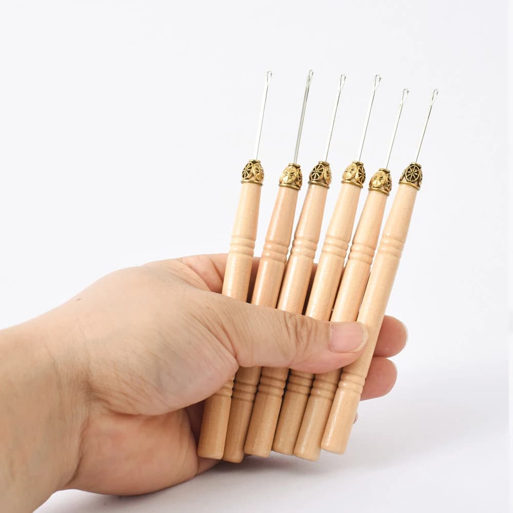 Estensioni dei capelli Perline Kit di strumenti Estensioni Micro ago da tirare Gancio per capelli in legno con gancio per capelli con lingua