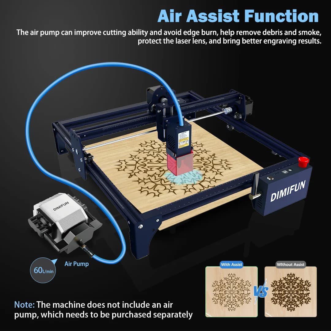 Universal air pump for NEJE, DIMIFUN and other laser engravers - Includes 28 W 60 l/min auxiliary nozzle kit