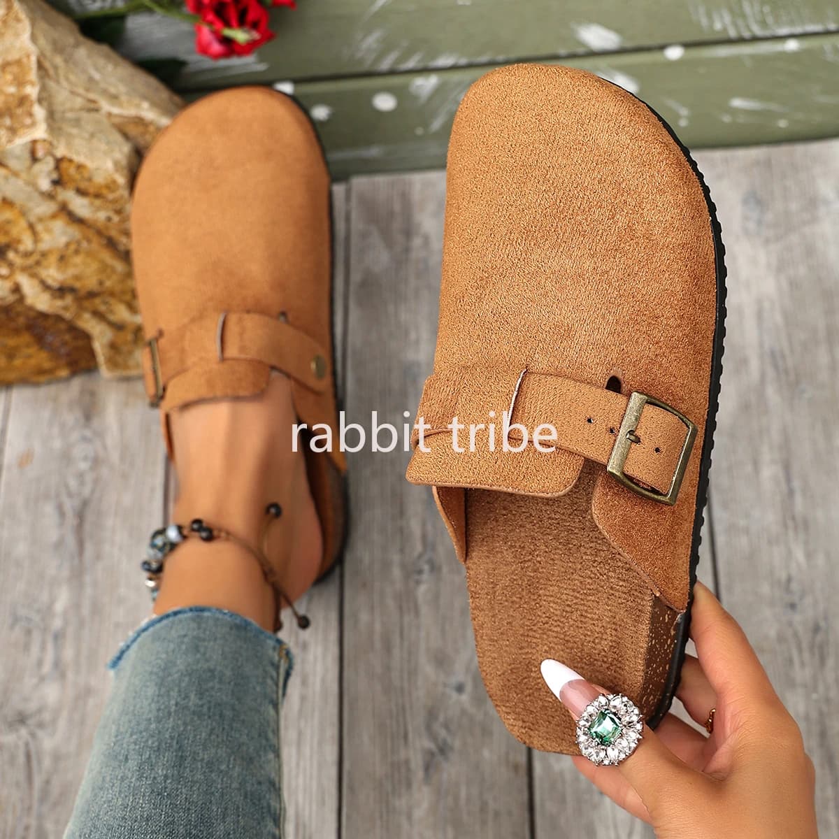 Nuove Scarpe da Donna alla Moda con Fibbia e Suola Piatta, Scarpe Casual in Camoscio con Punta Rotonda, Semi-Pantofole di Lusso per Casa