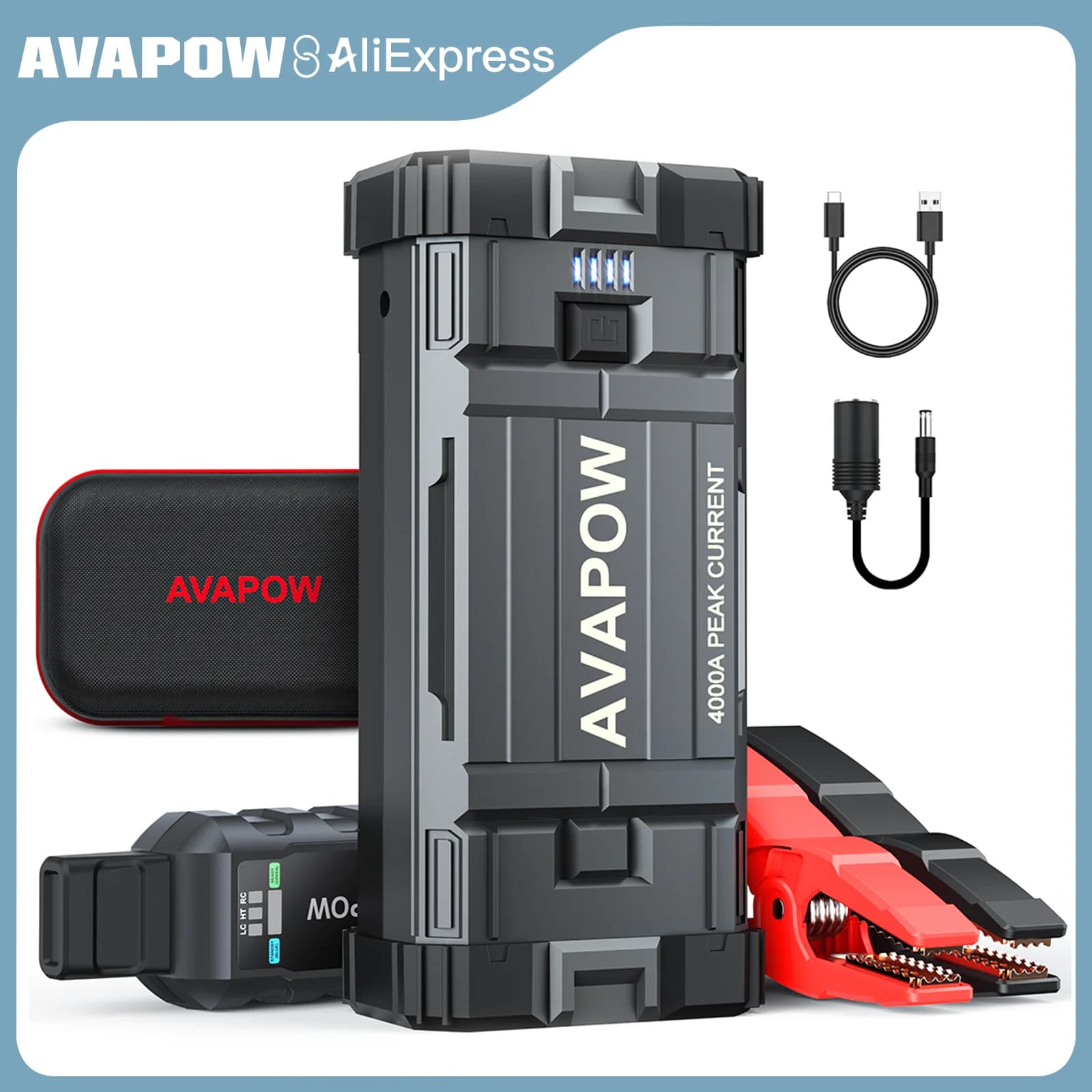 Avviatore per auto AVAPOW 4000A: alimentatore portatile per motori a gas e diesel, 12 V, con luce LED e ricarica rapida USB 3.0.